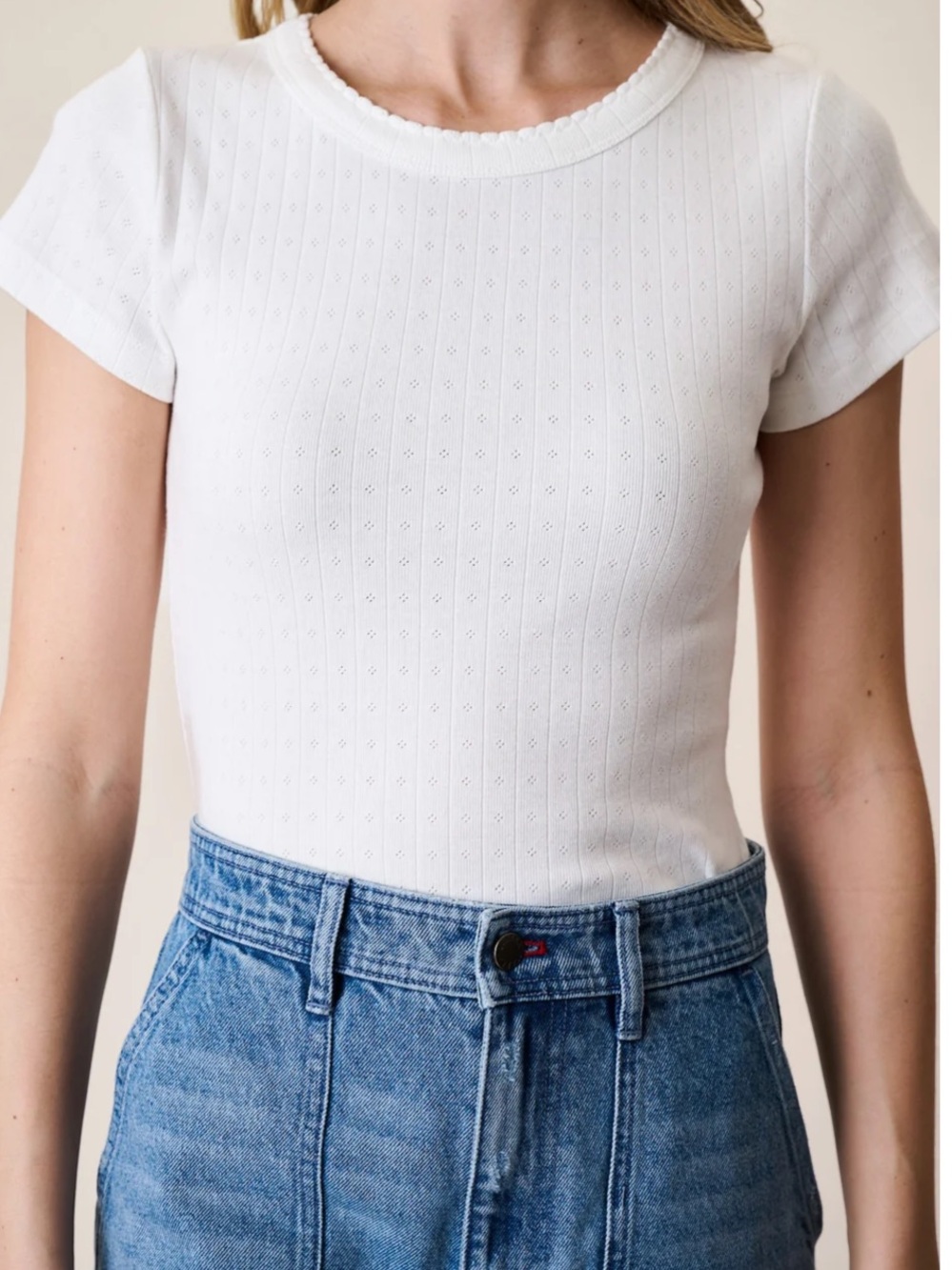 MAREA White Pointelle Ribbed Short Sleeve Tee
